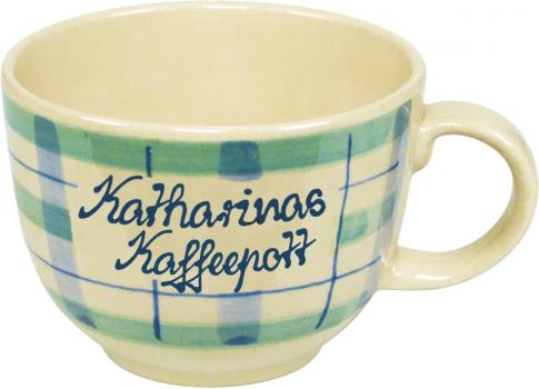 Jumbotasse mit Schrift (2 Zeilen) karo grün-blau