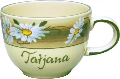 Jumbotasse mit Schrift (1 Zeile) Dekor Margueritenblume
