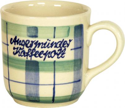Kaffeebecher mit Schrift (2 Zeilen) karo grün-blau