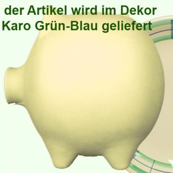 Sparschwein groß mit Schrift (3 Zeilen) karo grün-blau