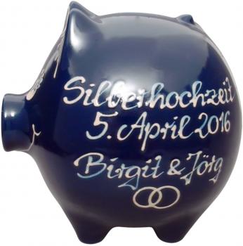 Sparschwein groß mit Schrift (3 Zeilen) glänzend blau