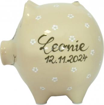 Sparschwein groß mit Schrift (3 Zeilen) Gänseblümchen