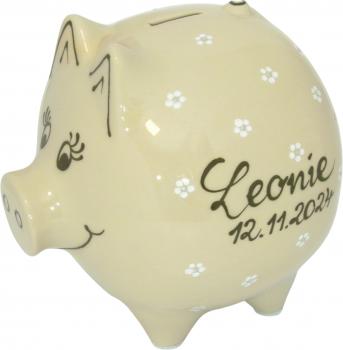 Sparschwein groß mit Schrift (3 Zeilen) Gänseblümchen