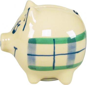 Sparschwein klein mit Schrift (1 Zeile) karo grün-blau