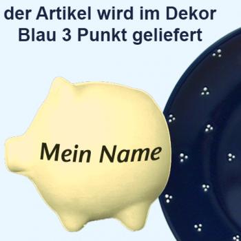 Sparschwein klein mit Schrift (1 Zeile) blau 3 Punkt