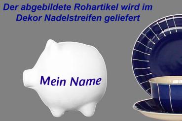 Sparschwein klein mit Schrift (1 Zeile) blau Nadelstreifen