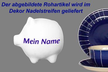 Sparschwein mittel mit Schrift (1 Zeile) Nadelstreifen blau