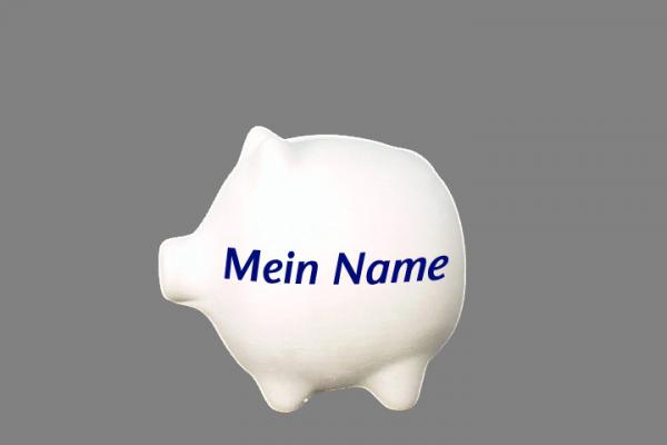 Sparschwein klein mit Schrift (1 Zeile) blau Nadelstreifen