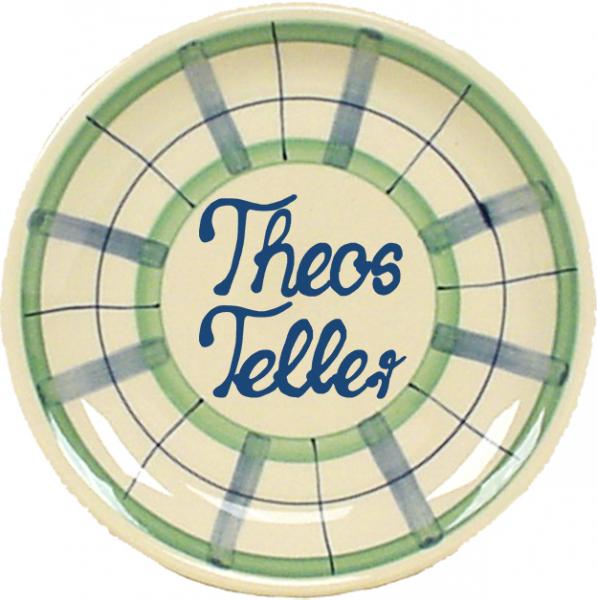 Dessertteller 19 mit Schrift (2 Zeilen) karo grün-blau