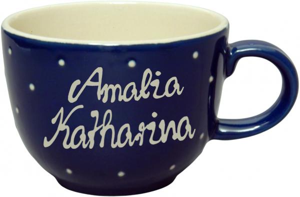 Jumbotasse mit Schrift (2 Zeilen) blau 1 Punkt