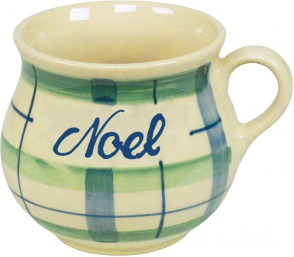 Mollytasse mit Schrift (1 Zeile) karo grün-blau
