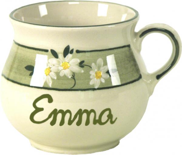 Mollytasse mit Schrift (1 Zeile) Dekor Margueritenblume