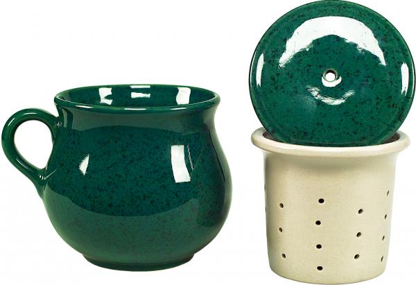 Mollytasse mit Sieb und Deckel grün Sprenkel