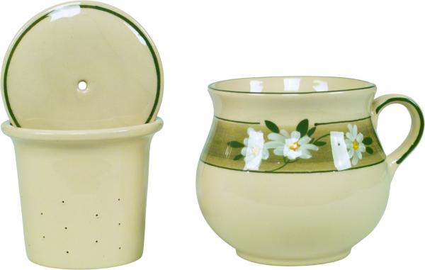 Mollytasse mit Sieb und Deckel Dekor Margueritenblume