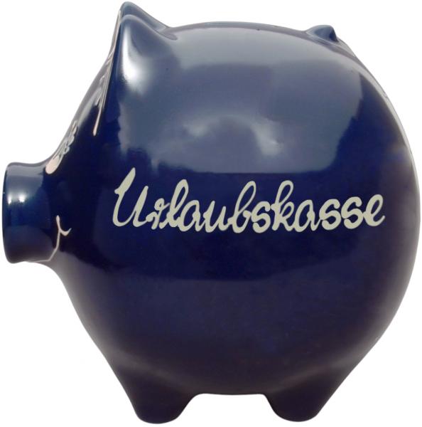 Sparschwein groß mit Schrift (3 Zeilen) glänzend blau