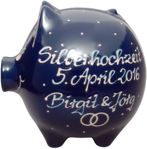 Sparschwein groß mit Schrift (3 Zeilen) blau 3 Punkt