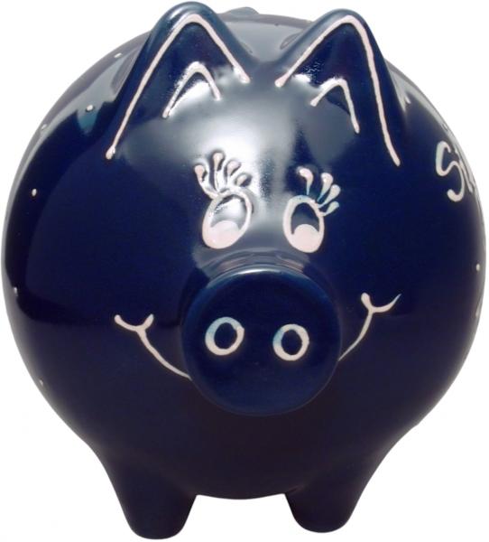 Sparschwein groß mit Schrift (1 Zeile) blau 1 Punkt