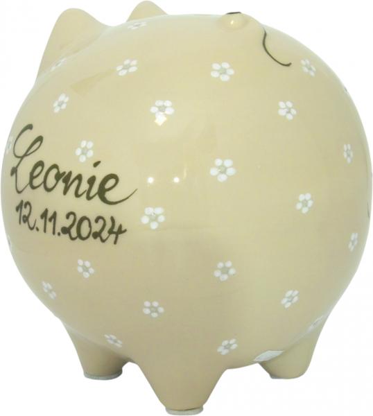 Sparschwein groß mit Schrift (3 Zeilen) Gänseblümchen