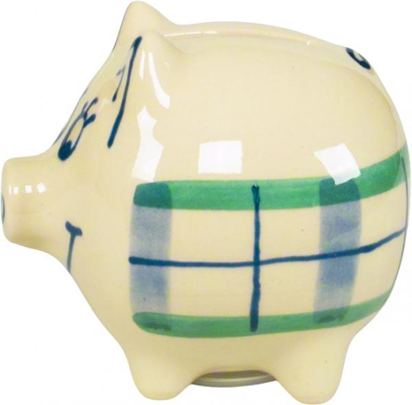 Sparschwein klein mit Schrift (1 Zeile) karo grün-blau