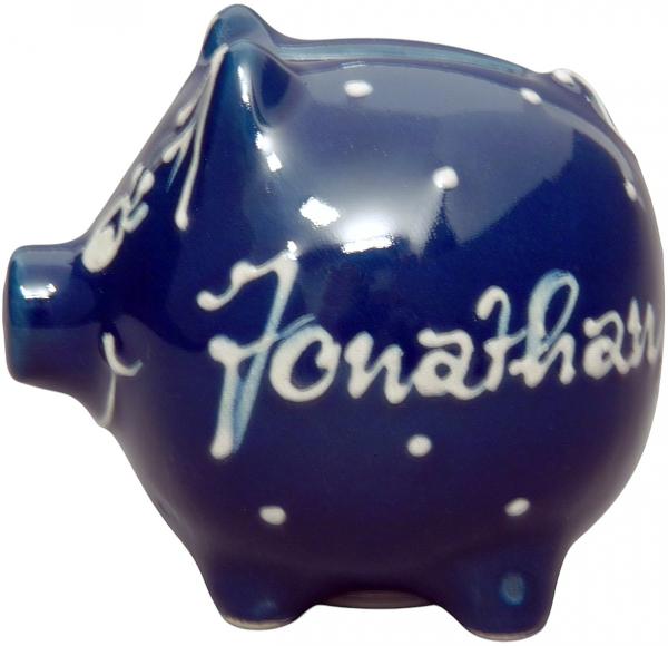 Sparschwein klein mit Schrift (1 Zeile) blau 3 Punkt