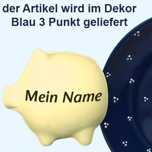 Sparschwein klein mit Schrift (1 Zeile) blau 3 Punkt