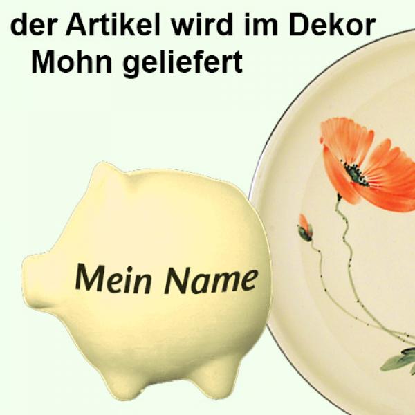 Sparschwein klein mit Schrift (1 Zeile) Mohn