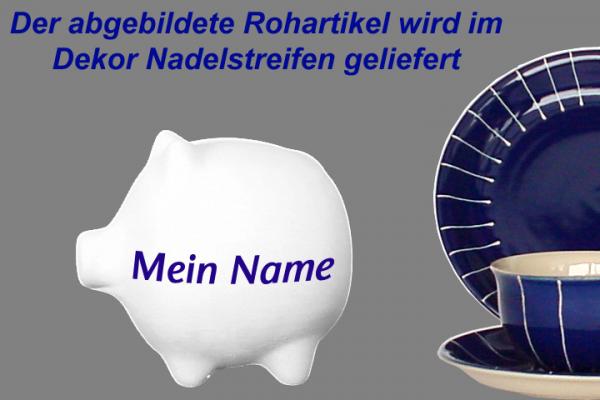 Sparschwein klein mit Schrift (1 Zeile) blau Nadelstreifen