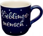 Kaffeebecher mit Schrift (2 Zeilen) blau 1 Punkt