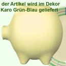 Sparschwein groß mit Schrift (3 Zeilen) karo grün-blau