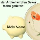 Sparschwein klein mit Schrift (1 Zeile) Mohn